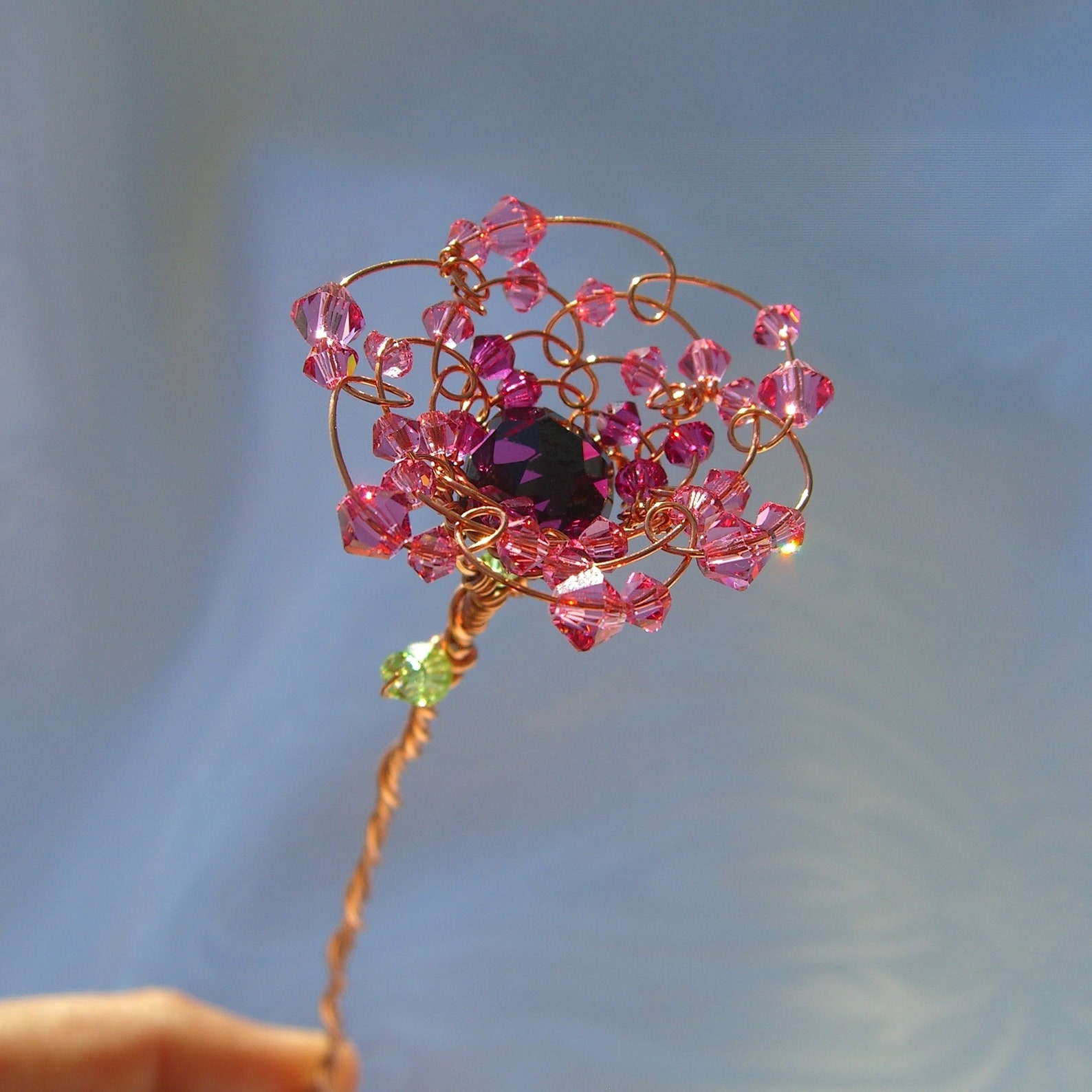 Beaded Wire Flower Suncatcher Handmade Pink Swarovski Crystal Etsy