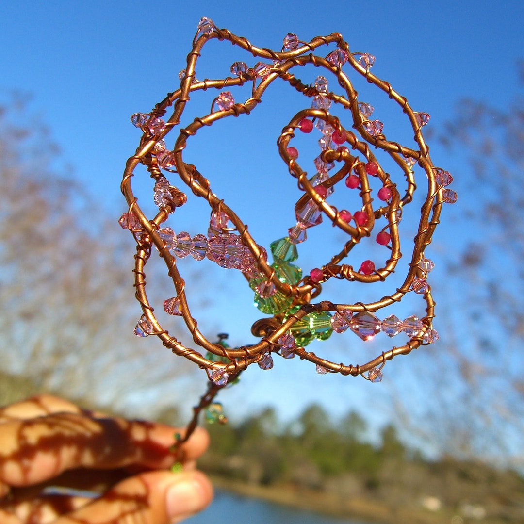 Handmade Copper Wire Rose Suncatcher: Swarovski & Ruby Beaded Floral ...