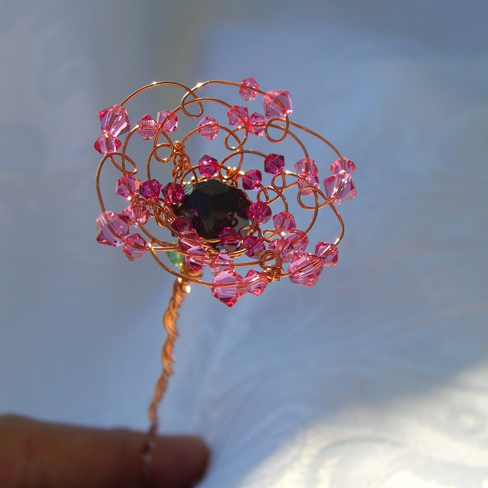 Beaded Wire Flower Suncatcher Handmade Pink Swarovski Crystal Etsy