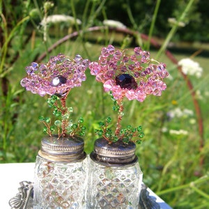 Beaded Flowers Suncatcher Pink, Purple Handmade Sustainable Art Wire Flowers in Vintage Glass Silverplate Shaker Set