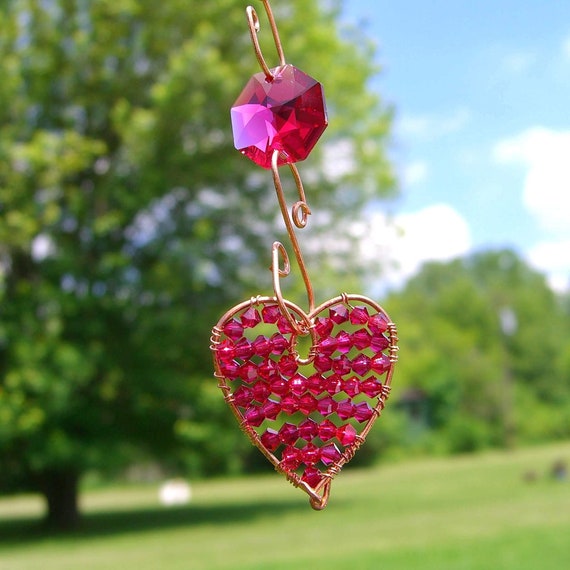 Heart shaped Suncatcher Dreamcatcher crystal beaded Window garden decoration Handmade wire-wrapped