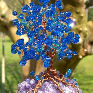 Beaded Wire Tree Sculpture Handmade Swarovski Flowering Beach Blue Tree of Life on Amethyst Crystal Base Garden Art *Made to Order*