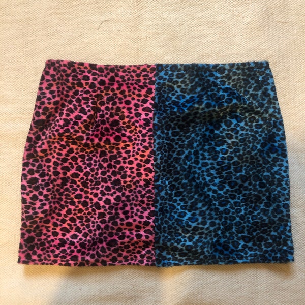 Leopard pink and blue  Fur Velboa Zip Mini Skirt Punk Rocker L UK 14 Made in the UK