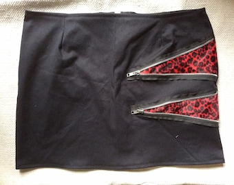 New black and red Leopard Velboa Zip Mini Skirt Punk Rocker 6 8 10 12 14 16 18 20 22 Made in the UK