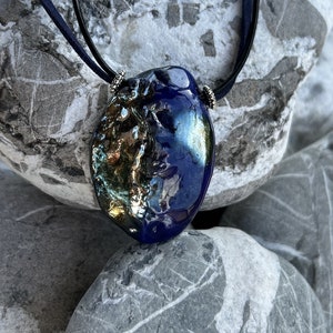 Wonderful gold and blue raku ceramic pendant necklace