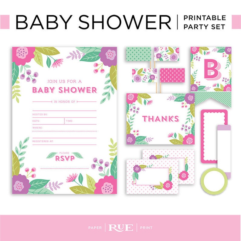 Printable Floral Baby Shower Party Kit Digital Baby Shower Etsy