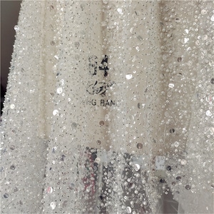 Heavy Beaded Lace Fabric Mesh Materials with Sparkling Sequin Trims DIY Wedding Bridal Evening Dress Veil  Sold by the Yard
