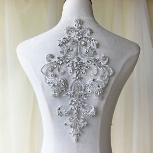 Diamond Shape Silver Beaded Applique with Clear Rhinestones and White –  Floratouch
