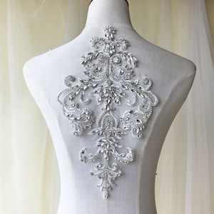 Diamond Shape Silver Beaded Applique with Clear Rhinestones and White –  Floratouch