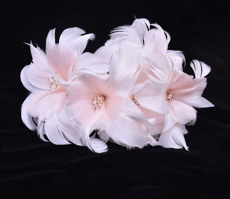 May include: A cluster of delicate, white feather flowers with pink centers. The flowers are arranged in a circular shape and have a soft, fluffy texture.