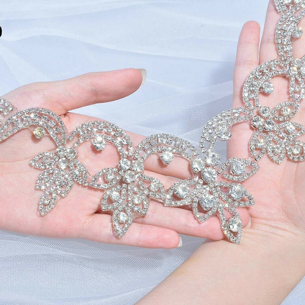 Sparkling Rhinestone Applique Diamante V Neck Crystal Appliques Sweet Heart Bridal Sash Applique DIY Bridal Dress Applique