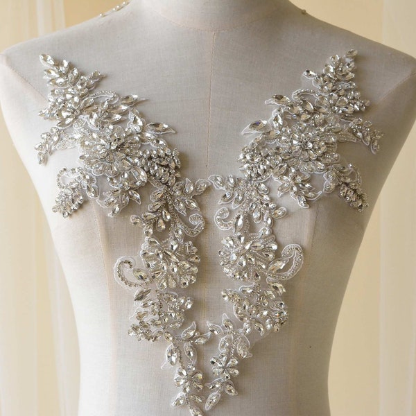 Apliques de diamantes de imitación brillantes, parche de encaje de Diamante con motivo de cuentas pesadas, costura en vestido de novia, vestido de baile de boda