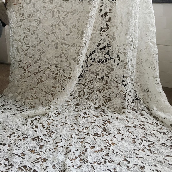 Guipure Lace Fabric 3D Flower Embroidery Hollowed fabrics Trimmings Materials DIY Dance Costume Bridal Wedding Evening Dress 47 inch Width