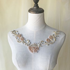 Sparkling Rhinestone Applique Beads Diamante V-Neck Lace Patch sewing on Bridal Wedding Ball Dress Gown
