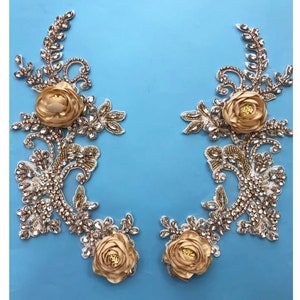 1 Pair Sparkling Rhinestone Applique Beads Diamante Lace Patch sewing on Bridal Wedding Ball Dress Gown