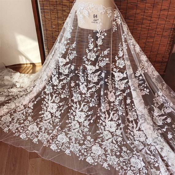 Off White Floral Embroidery Lace Fabric Mesh Materials Trims with Sequin DIY Wedding Bridal Evening Girl Dress Veil