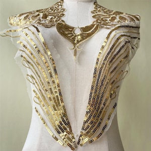 Shiny Gold Lace Applique With Sequin Flower Lace Patch Sewing on Bridal Wedding Dress Dress Skirt 1 Set