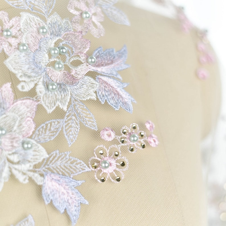 Floral Embroidery Lace Fabric Mesh with Pearls Rhinestone DIY Wedding Bridal Evening Dress Costume Clothing 51 Width Sold by the yard