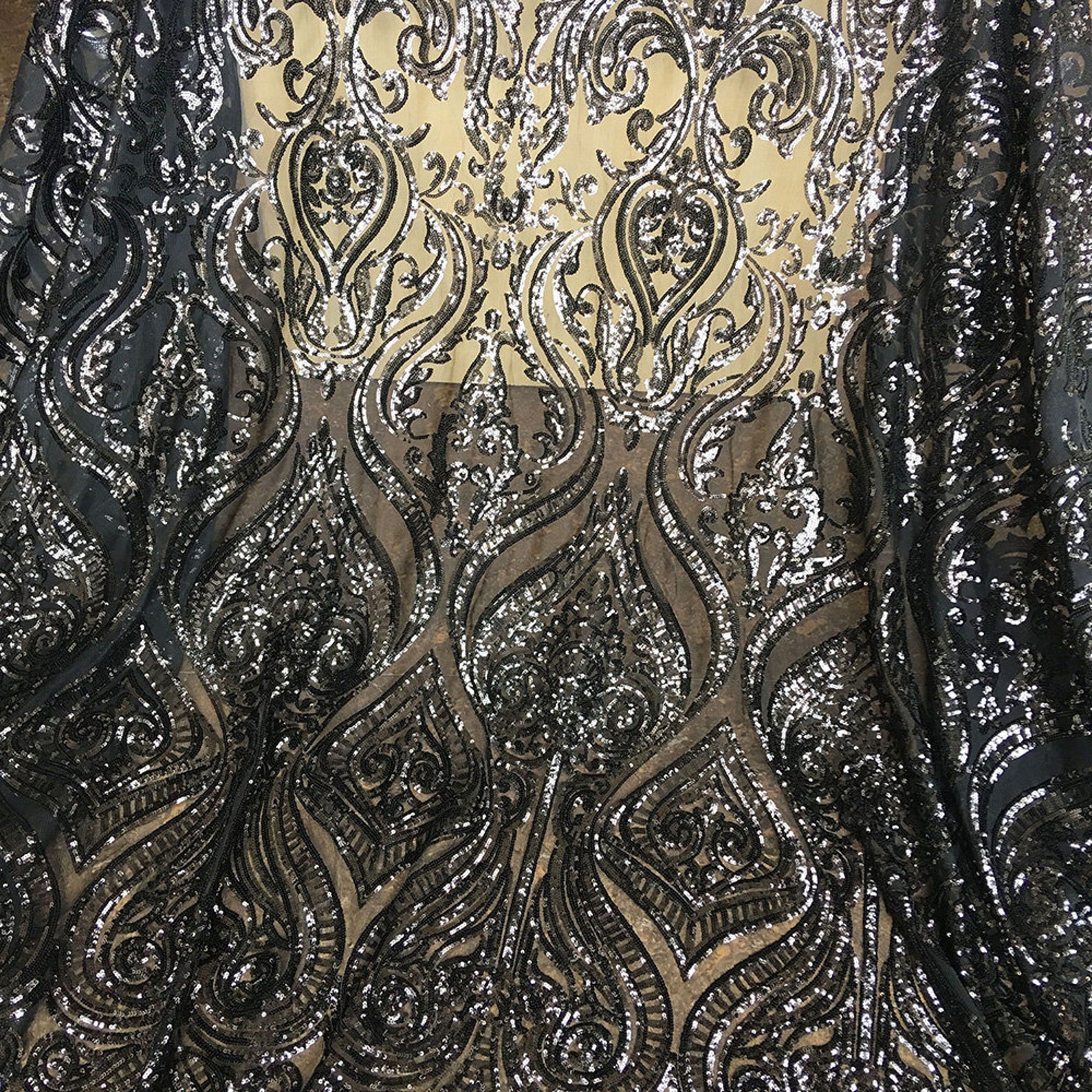 Black Embroidery Lace Fabric with Sequin Materials Hollowed | Etsy