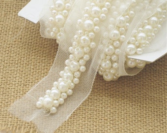 Pearl Beaded Lace Trim With Rhinestones, Rhinestone and Pearls Beading Trim  by the Yard 