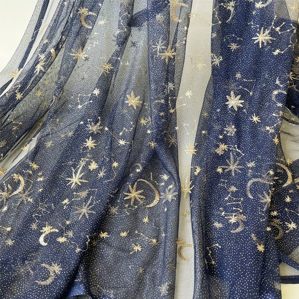 5 Colors Moon Star Embroidered Lace Fabric Golden Glitter Dot Lace Tulle for Wedding Dress Gown Curtain 51" width Sold by the Yard