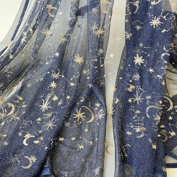 Tela de encaje bordado con estrellas y luna en 5 colores, tul de encaje con puntos dorados y purpurina para vestido de novia, cortina de 51" de ancho. Se vende cortado a medida.