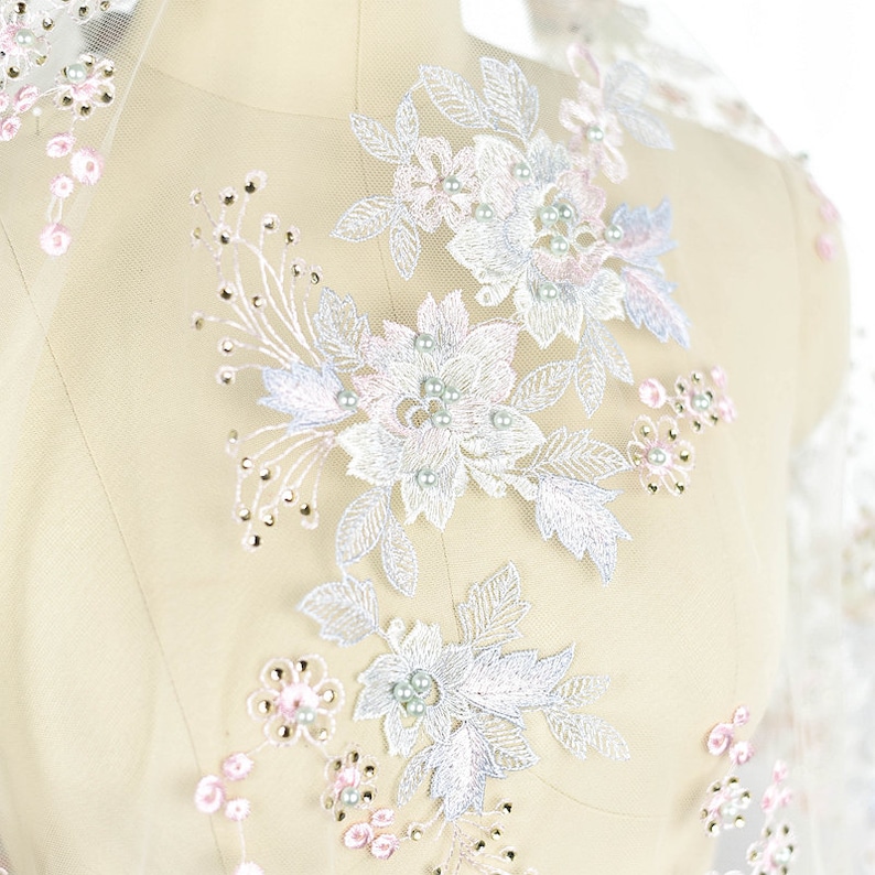 Floral Embroidery Lace Fabric Mesh with Pearls Rhinestone DIY Wedding Bridal Evening Dress Costume Clothing 51 Width Sold by the yard