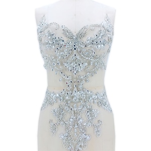 Bodice Rhinestone Applique Heavy Beads Motif Diamante Lace Patch sewing on Bridal Wedding Dress Gown 1 PC