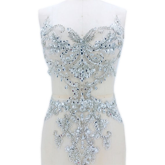 Bodice Rhinestone Applique Heavy Beads Motif Diamante Lace Patch Sewing on Bridal  Wedding Dress Gown 1 PC
