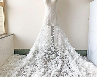 New Off-White 3D Flower Embroidery Lace Fabric Materials Mesh Trims DIY Wedding Bridal Evening Dress Costume Handcrafts 59&quot; Width 1 yard