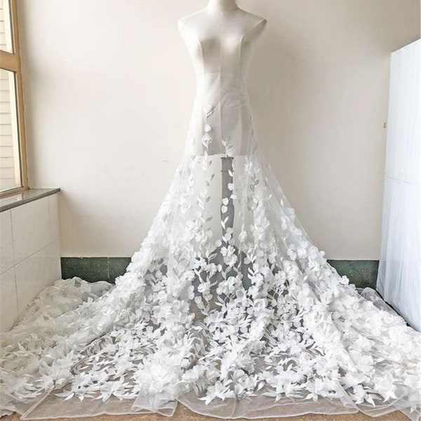 New Off-White 3D Flower Embroidery Lace Fabric Materials Mesh Trims DIY Wedding Bridal Evening Dress Costume Handcrafts 59" Width 1 yard