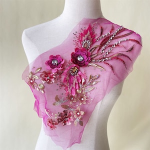 Embroidery Lace Applique 3D Flower Lace Patch with Rhinestone Sequin Sewing on Bridal Wedding Dress Evening Girl Dress Gown