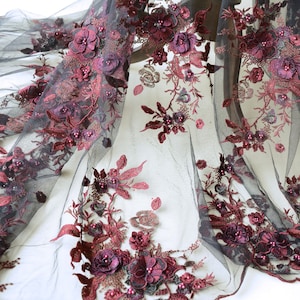 Designer Burgundy Laser-Cut Embroidery 3D Flower Lace Fabric