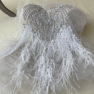 Bodice Rhinestone Applique Heavy Beads Motif Diamante Ostrich Feather Lace Patch sewing on Bridal Wedding Dress Gown 1 PC