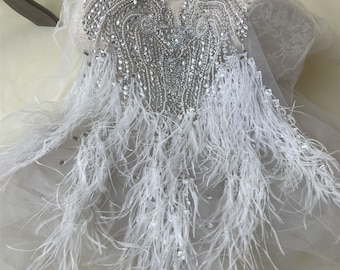 Bodice Rhinestone Applique Heavy Beads Motif Diamante Ostrich Feather Lace  Patch sewing on Bridal Wedding Dress Gown 1 PC