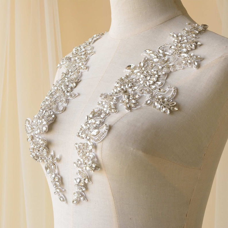 Apliques de diamantes de imitación brillantes, parche de encaje de Diamante con motivo de cuentas pesadas, costura en vestido de novia, vestido de baile de boda imagen 3