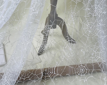 Black Embroidery Lace Fabric Spider Web Mesh Trims with Sequin DIY Wedding Bridal Evening Dress Veil Sold by the yard
