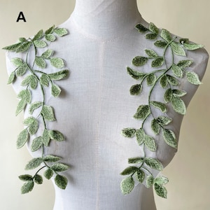 Green Vine Embroidery Lace Applique Motif Forest Leaves Patches Appliques Sewing on Wedding Bridal Evening Dress Gown 1 Pair A