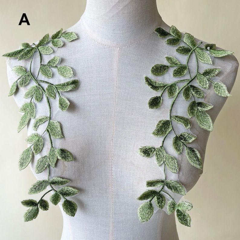 Green Vine Embroidery Lace Applique Motif Forest Leaves Patches Appliques Sewing on Wedding Bridal Evening Dress Gown 1 Pair A