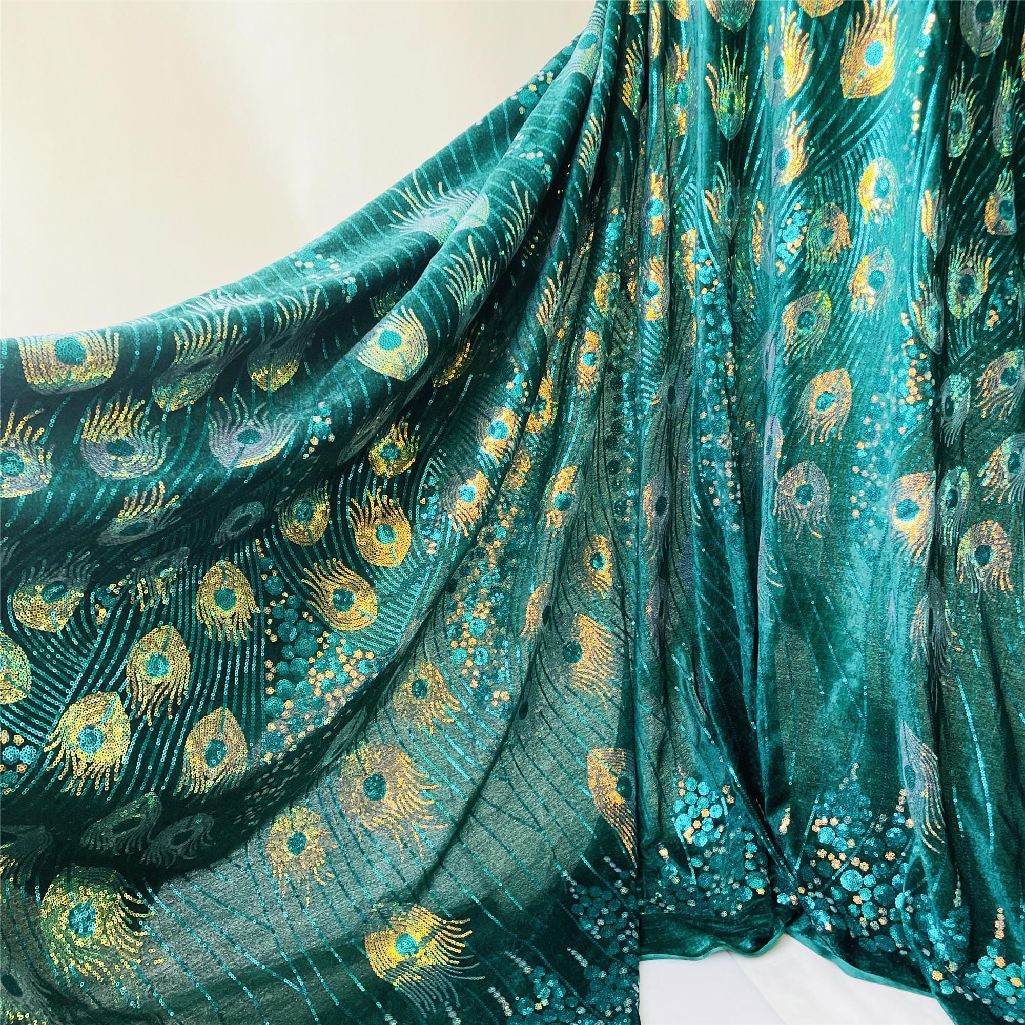 Peacock Velvet Fabric With Sequins Materials DIY Evening Bridal Dress Dance Costumes Curtains Pillows
