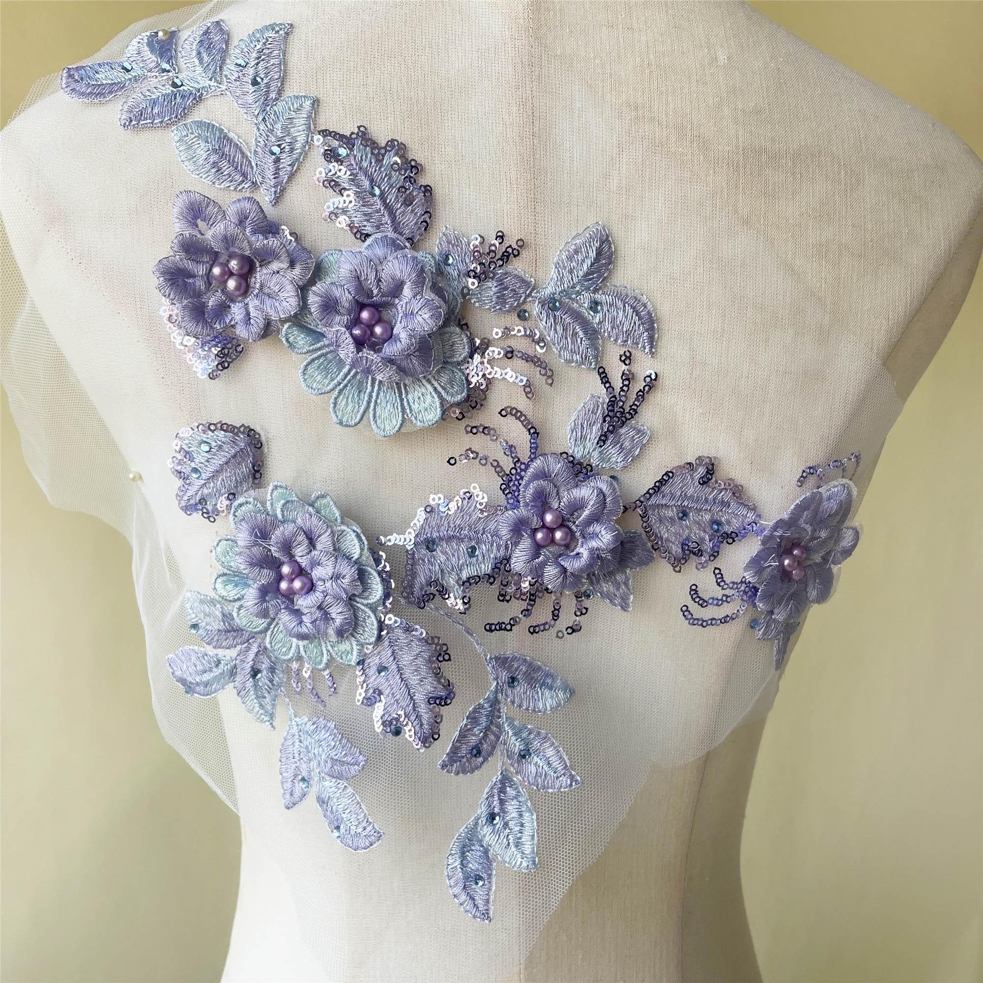 Blue Embroidery Lace Applique Motif 3D Floral With Pear Beads