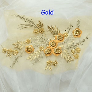 3D Floral Lace Applique Motif Materials with Pearl Beaded  Embroidery Flower Lace Patch Sewing on Bridal Wedding Evening Dress 1 Piece