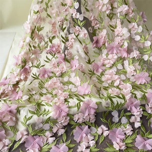 3D Floral Fabric with Pearls - Peach - Embroidered Flower and Leaf Patterns on Lace Fabric by Yard main image 0