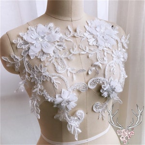 Sequin Embroidery Lace Applique 3D Floral Patches Back Bodice Appliques Lace Motif Sewing on Wedding Bridal Evening Dress Gown