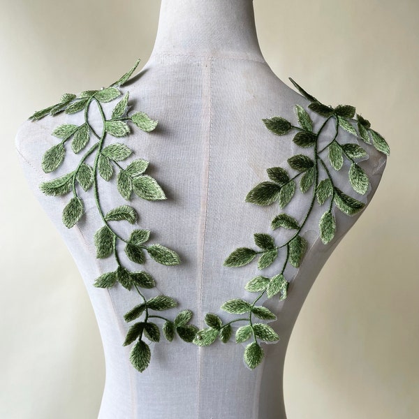 Green Vine Embroidery Lace Applique Motif Forest Leaves Patches Appliques Sewing on Wedding Bridal Evening Dress Gown 1 Pair