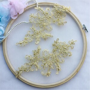 Elegant Gold Lace Applique Motif Materials with Corded Embroidery Lace Patches Bodice Crafts Sewing on Bridal Wedding Dress Veils 1 Piece