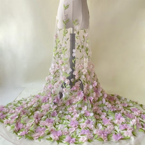 Peach 3D Flower Embroidery Lace Fabric Mesh Trims DIY Wedding Bridal Evening Girl Dress Costume Handcrafts 59&quot; Width Sold by the yard