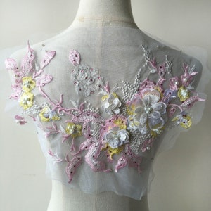 Pink Embroidery Lace Applique Motif 3D Floral Beads Patches Materials  Appliques Sewing on Wedding Evening Dress Gown Skirt Crafts 1 Piece