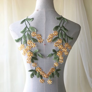 1 Pair Lace Applique  Green Vine With Yellow Floral Embroidery Motif Forest Leaves Patches Appliques