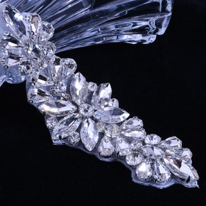 Silver Crystal Rhinestone Applique Diamante Appliques Sash Belt DIY Iron Glue on Bridal Wedding Bridesmaids Dress Gown 1 Piece
